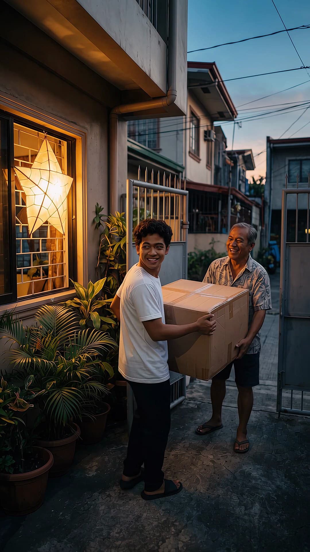 Padala: a box packed abroad comes home under the parol, and the family holds up the tee she is wearing on the call